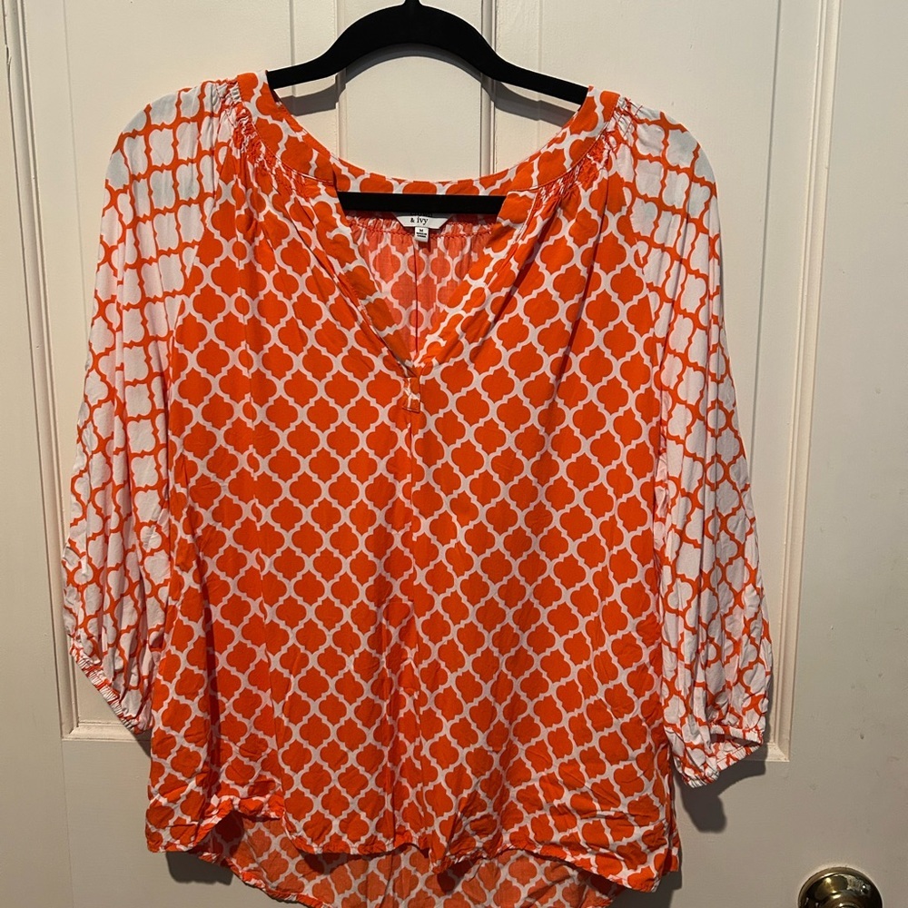 Crown & Ivy Orange White Patterned Blouse Medium